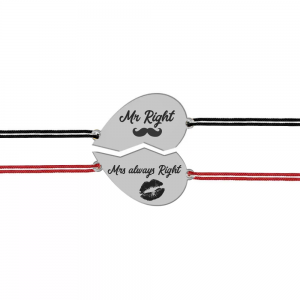 Set bratari argint cuplu inimioare 16 mm si snur negru (M) si rosu (F) (2 bucati incluse) - personalizate cu text